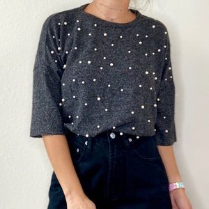 Zara Gray Pearl Embellished Oversized Knit Top